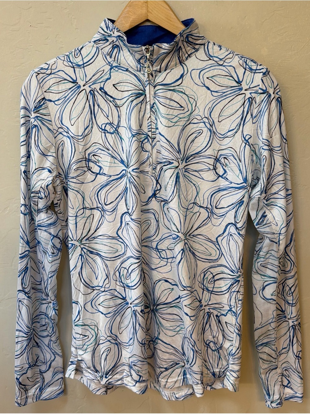San Soleil Womens Floral 1/4 Zip Mock Neck Long Sleeve Golf White Blue UPF 50 S
